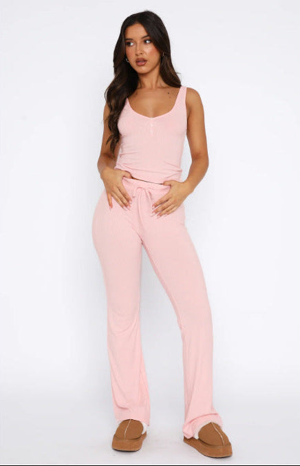 Hengra Women's Ribbed Two Piece Lounge Set Sleeveless Tank Top and Wide Leg Pants