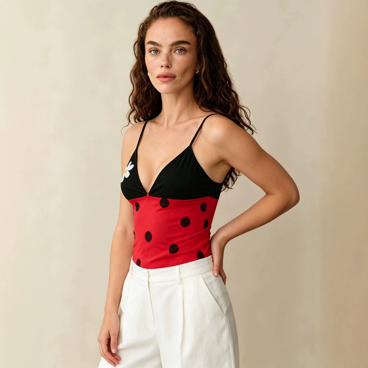 Hengra Women's Polka Dot Cami Top Red Spaghetti Strap Slim Fit Sleeveless Summer Tank Top