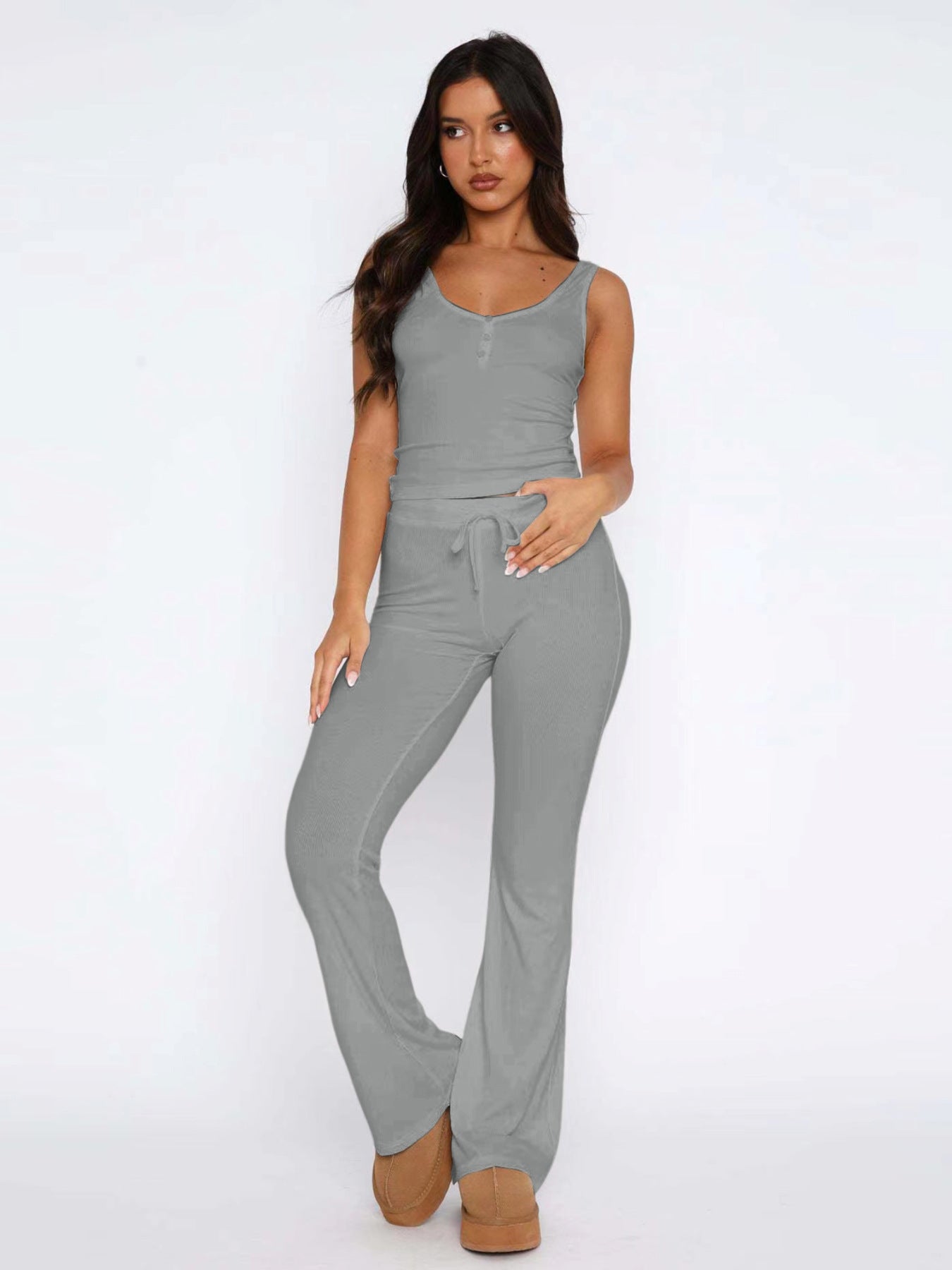 Hengra Women's Ribbed Two Piece Lounge Set Sleeveless Tank Top and Wide Leg Pants