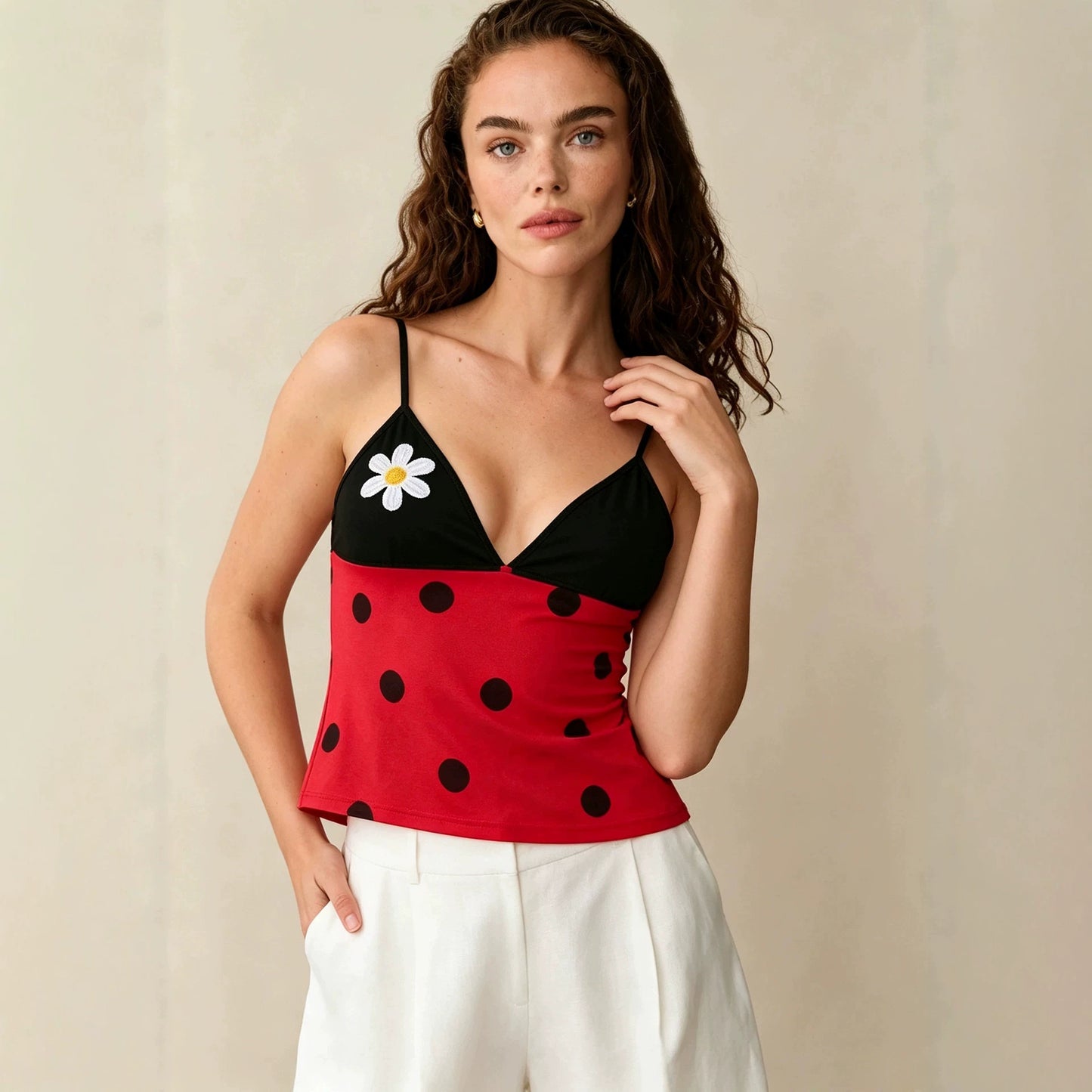 Hengra Women's Polka Dot Cami Top Red Spaghetti Strap Slim Fit Sleeveless Summer Tank Top