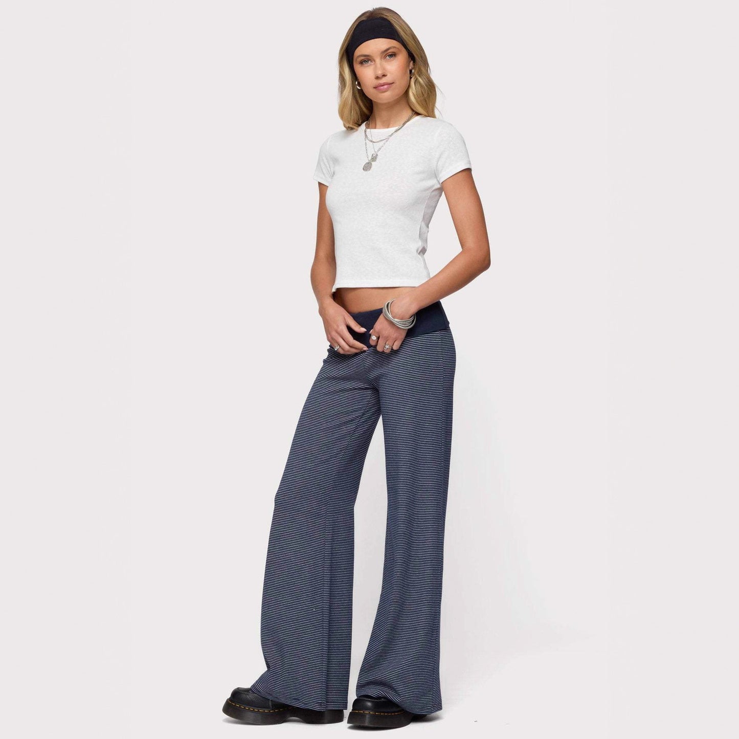 Hengra Women's Striped Flare Pants High Waist Stretch Casual Trousers