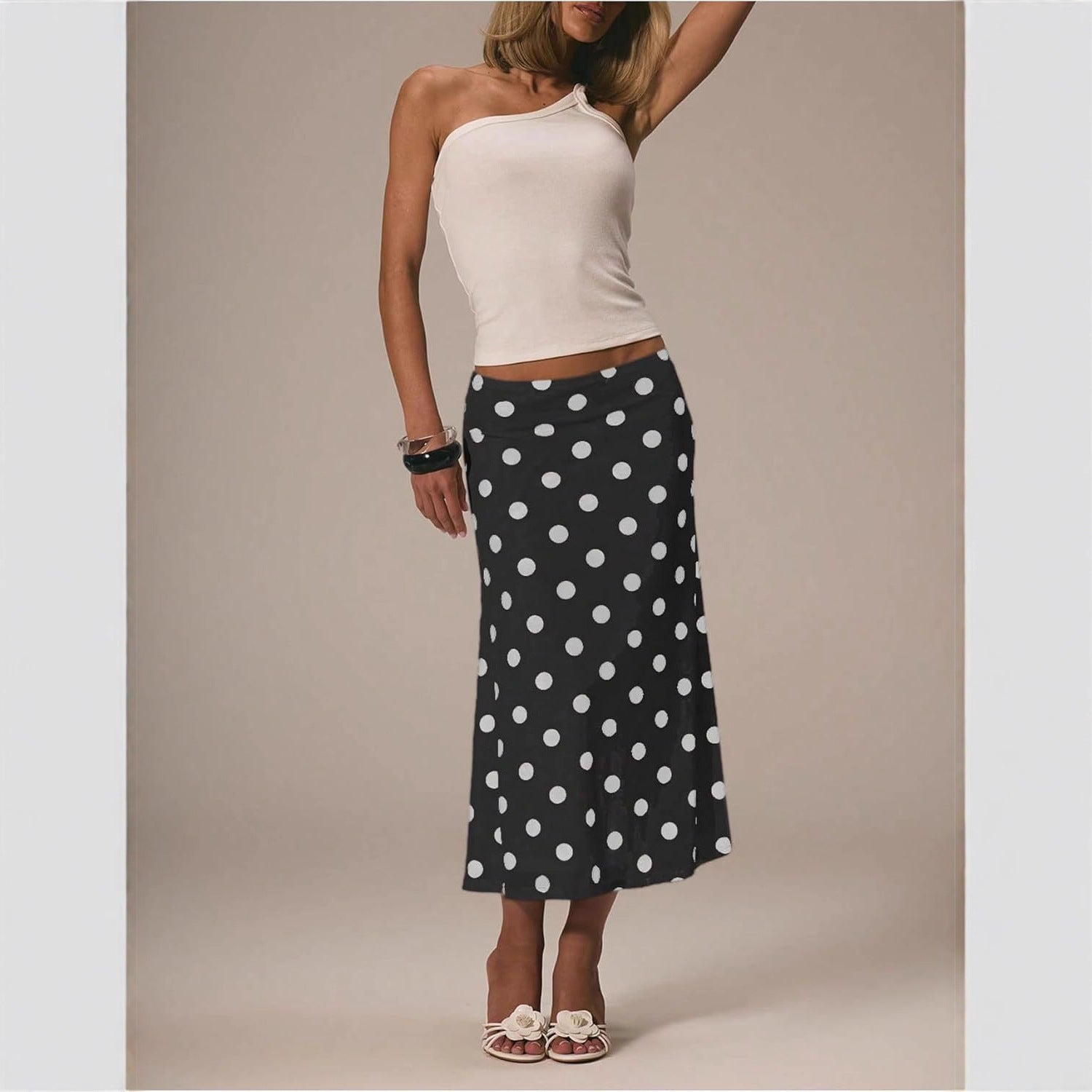 Hengra Women's Polka Dot Mesh Midi Skirt High Waist A Line Long Casual Skirt
