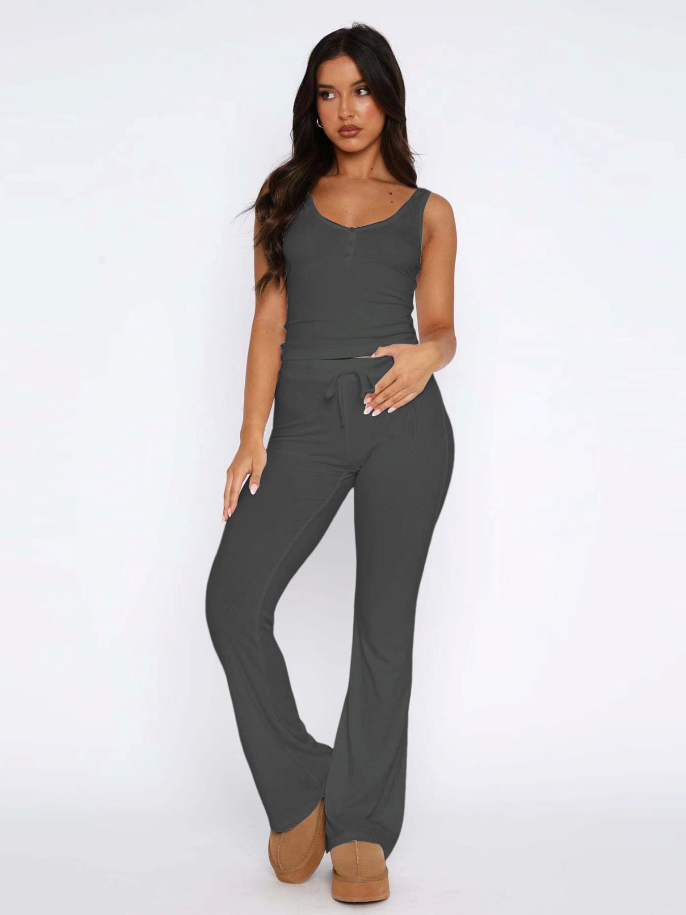 Hengra Women's Ribbed Two Piece Lounge Set Sleeveless Tank Top and Wide Leg Pants