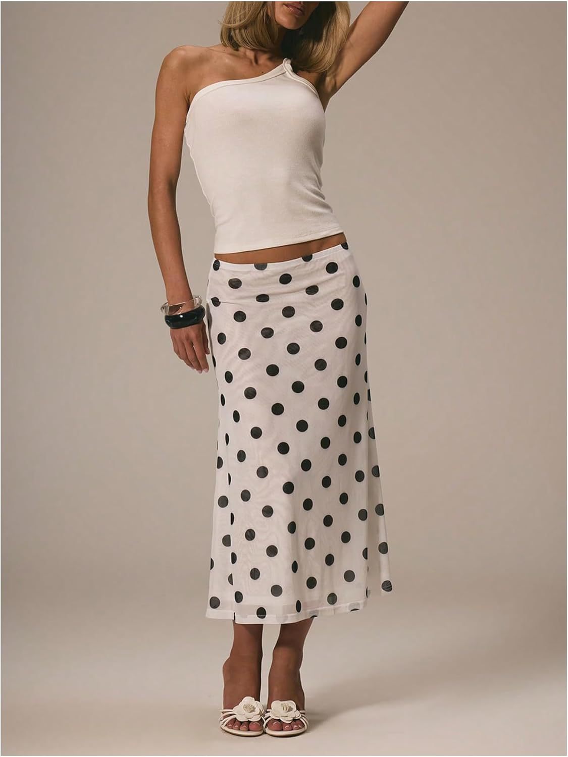Hengra Women's Polka Dot Mesh Midi Skirt High Waist A Line Long Casual Skirt