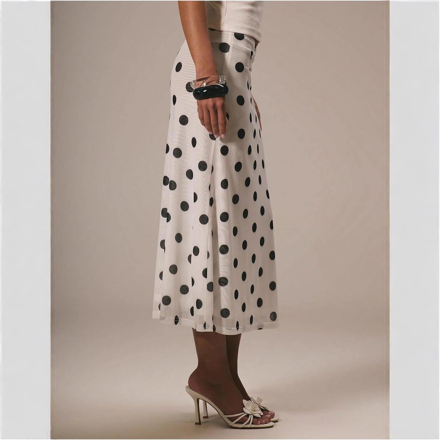Hengra Women's Polka Dot Mesh Midi Skirt High Waist A Line Long Casual Skirt