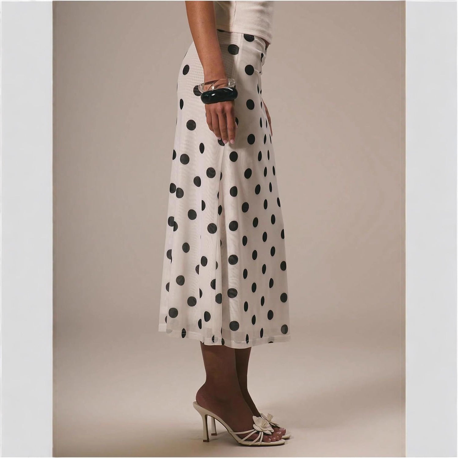 Hengra Women's Polka Dot Mesh Midi Skirt High Waist A Line Long Casual Skirt