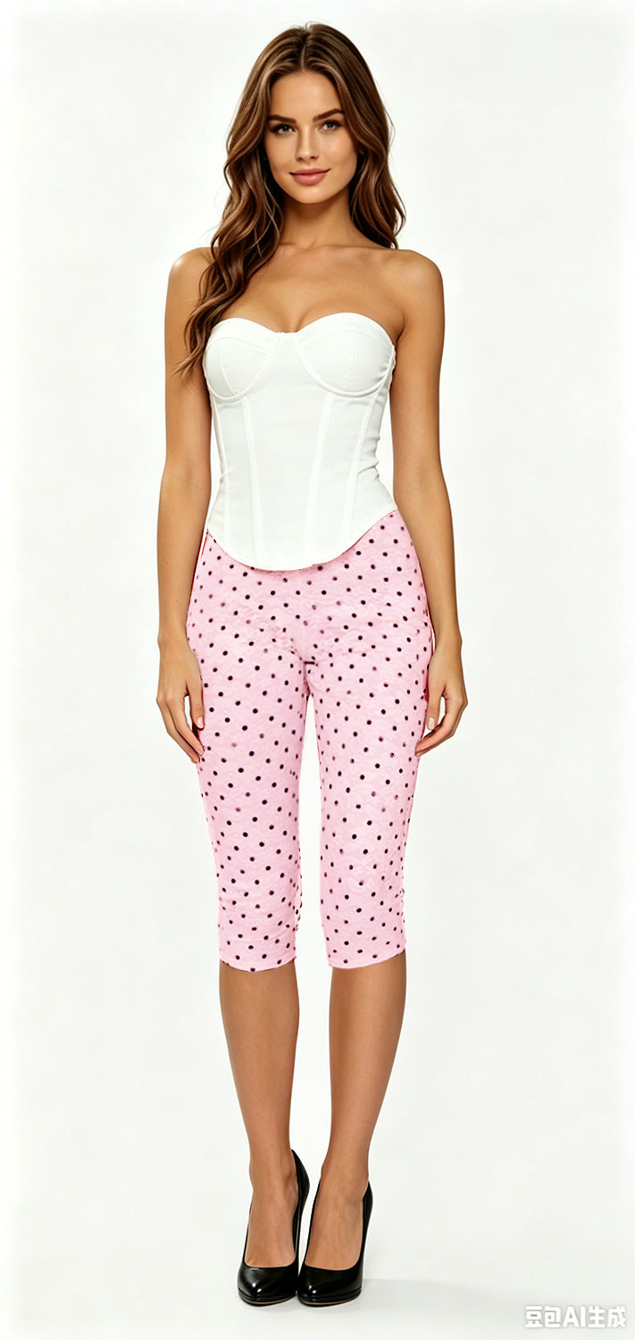 Hengra Women's Polka Dot Capri Pants Slim Fit High Waist Cropped Casual Trousers